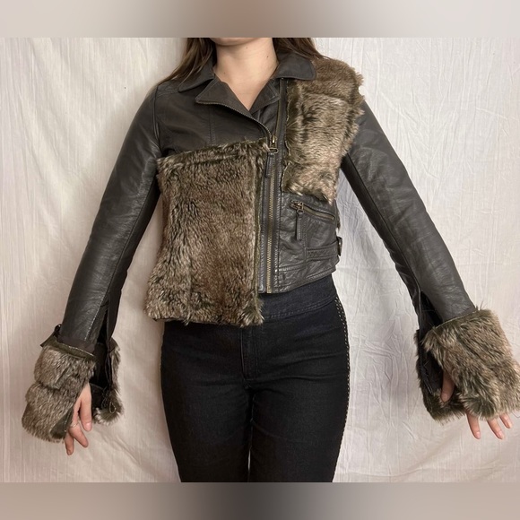 Custom Upcycled Asymetrical Faux Fur Faux Leather Zip Up Jacket Size S - Picture 1 of 3